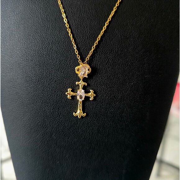 Stainless Steel Gold Rhinestone Ctoss Necklace New - Picture 2 of 5